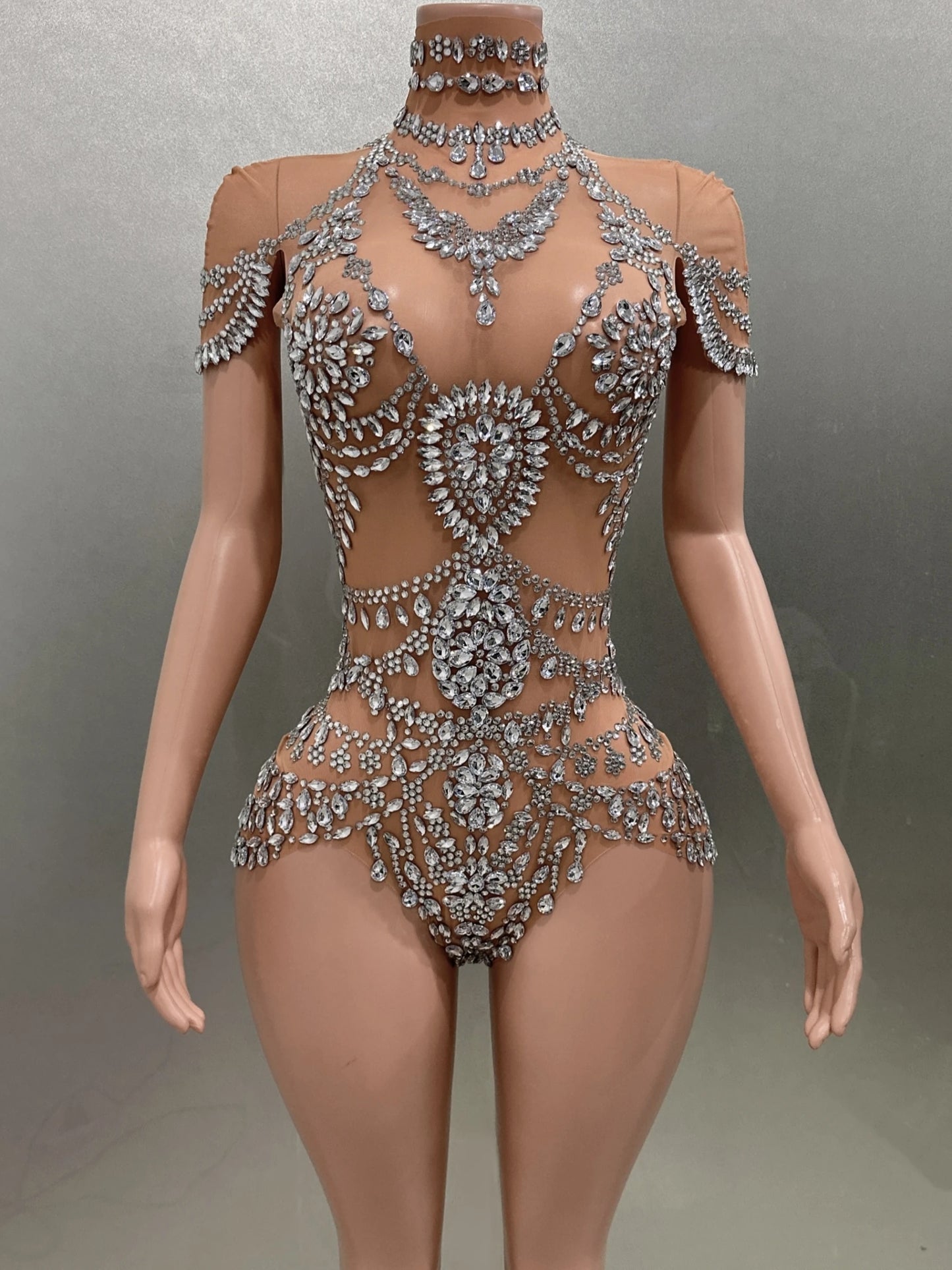Luxury Rhinestones Sexy See-Through Sheath Bodysuit Evening Party Performance Costume Bar Nightclub Singer Dancer Stage Wear