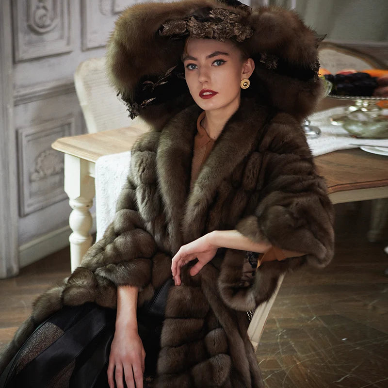 Women's Fur Coat 2223 Trend Natural Fur Long Mink grey strped Outerwear Jackets Trench Coats New In Outdoor Clothes Clothing