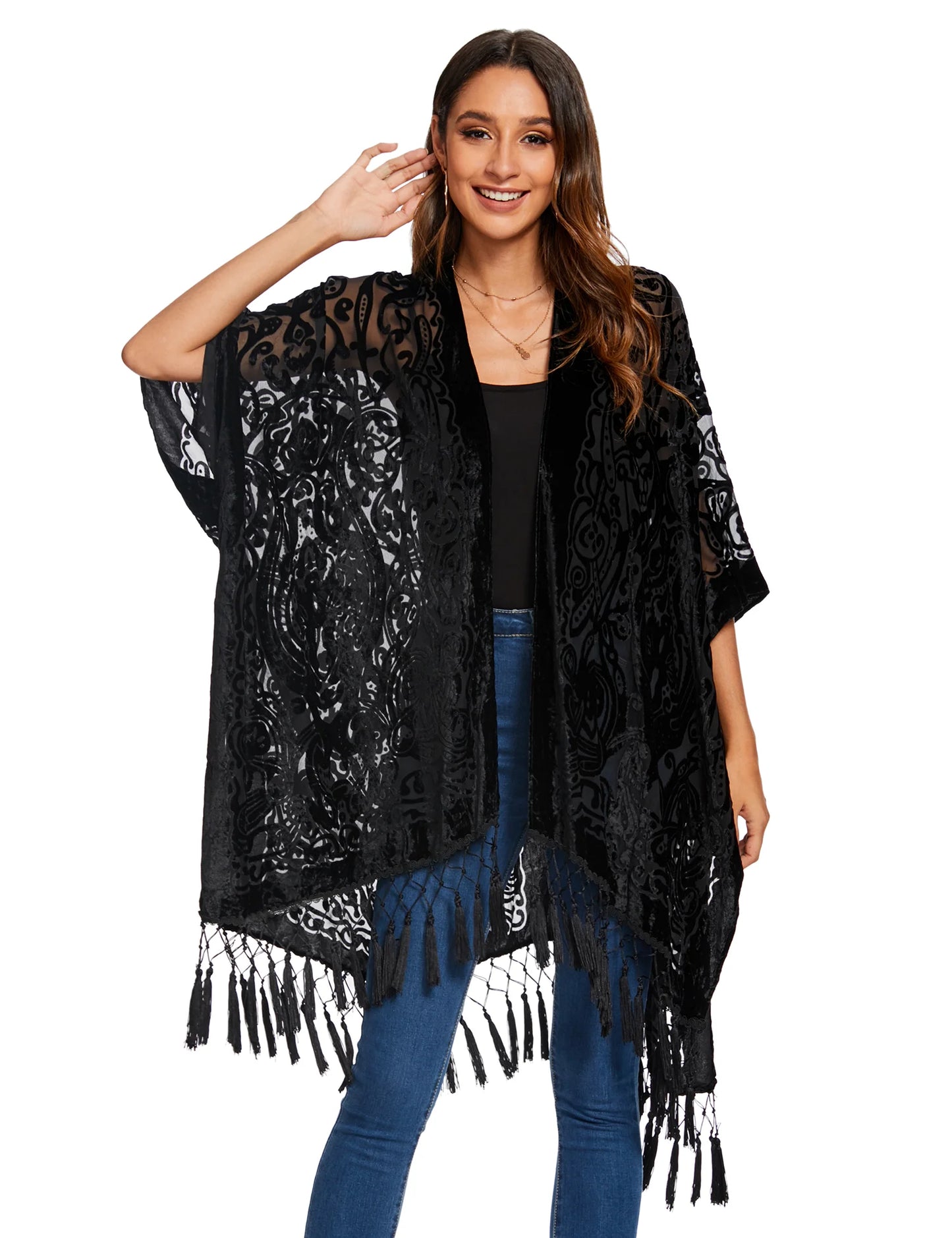 WeHello Burnout Velvet Kimono For Women Luxury Fashion Long Cardigan With Tassel Beach Cover-up Holiday Cardigan Shawl
