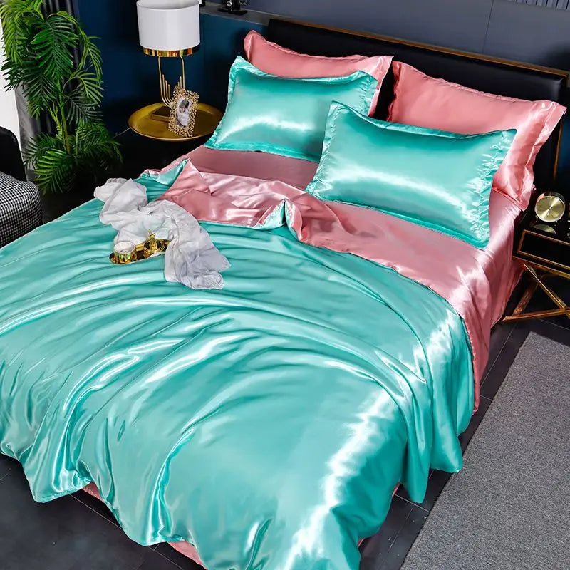 Nordic Silk Bedding Set with Duvet Cover Bed Sheet Pillowcase Luxury Couple Single Double Summer Home Textile Solid Bedsheet