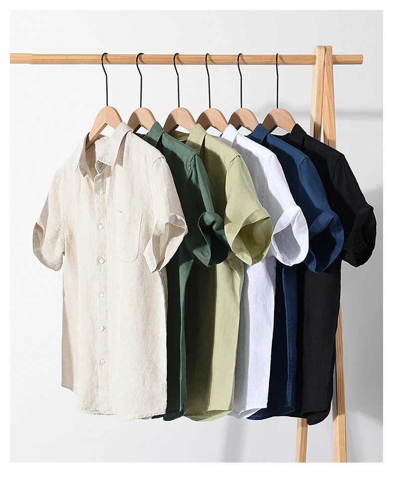 923 100% Linen Men's Summer Fashion Shirt High Quality Solid Color Simple Casual Short Sleeve Blouses Basic Thin Breathable Tops