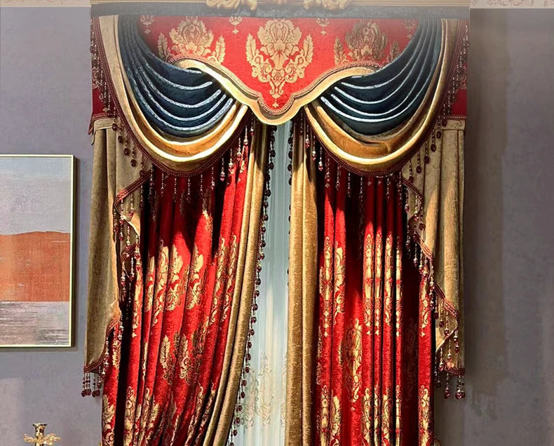 Red Gilded Jacquard Thickened Chenille Patched Curtains for Living Room Bedroom French Window Villa Customization Valance
