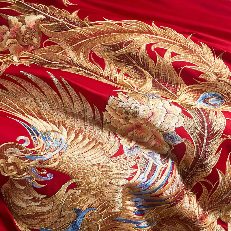 Luxury Gold/Red Loong Phoenix Embroidery Chinese Wedding Tassels Egyptian Cotton Bedding Set Duvet Cover Bed Sheet Pillowcases