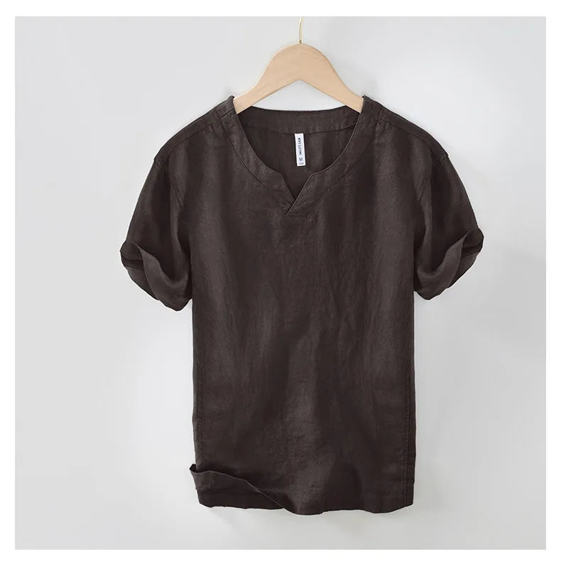 Summer New 100% Linen Short Sleeve T Shirt for Men Casual Thin Solid Color Slim Men Clothing BL998