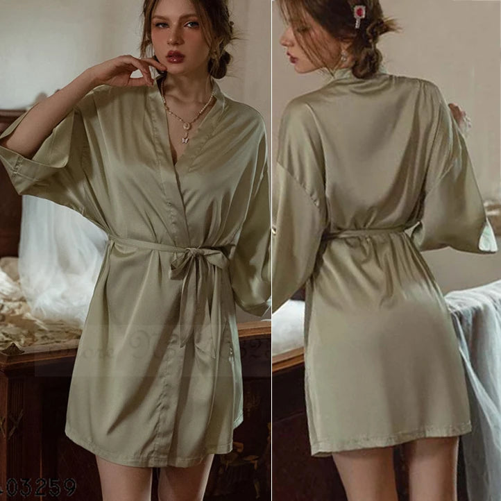 Female Robe Kimono Bathrobe Gown Sexy Green Mini Nightgown Intimate Lingerie Spring Summer Satin Sleepwear Casual Homewear Dress