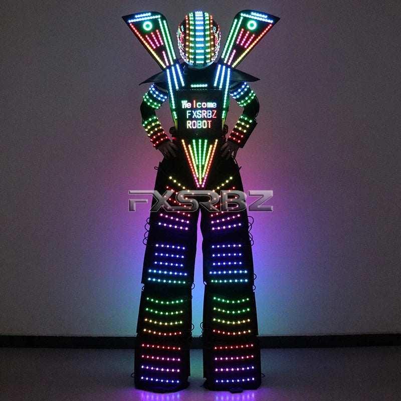 Full Color Smart Pixels LED Robot Suit Costume Light Up Stilts Walker Clothing Luminous Jacket Chest Display Helmet Laser Gloves