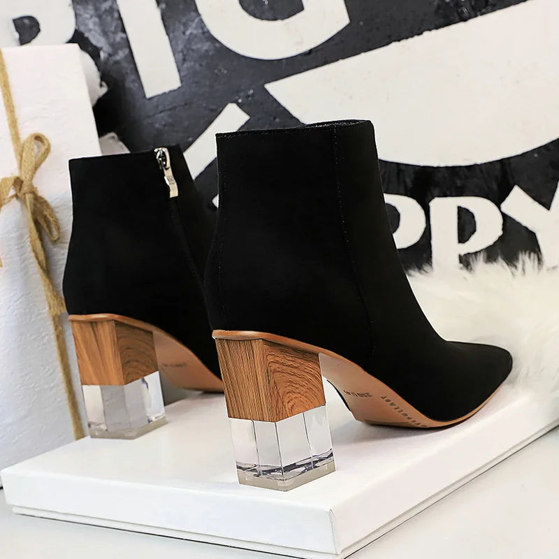 Women Ankle Length Flock Boots Fashion Square Toe High Heel Shoes Winter Ankle Boots Ladies Shoes 298-2