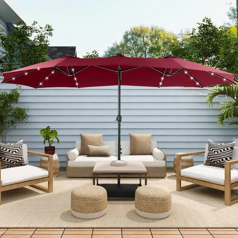 15 ft Extra Large Patio Umbrella with Solar Lights, Rectangular Outdoor Umbrella with Base Included,  Dark Red