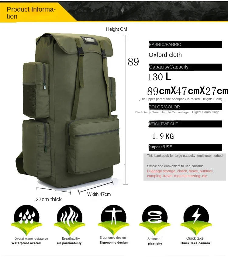 130L Extra Large Capacity Outdoor Backpack Men's Travel Backpack Luggage Bag Check in Camping Exercise Camo Backpack