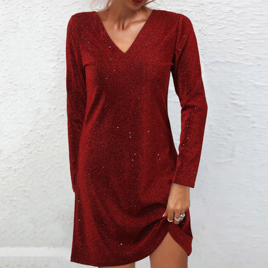 Women's Sequin Glitter Dress V Neck Long Sleeve Solid Color Sparkling Dress Casual Plus-size Vintage Straight Dresses Vestido