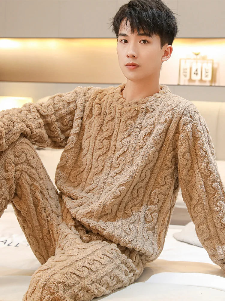 Coral Fleece Pajamas Men's Fall and Winter Thickened Padded Homewear Suit Warm Ladies Teen Facecloth Pajamas Homewear Suit