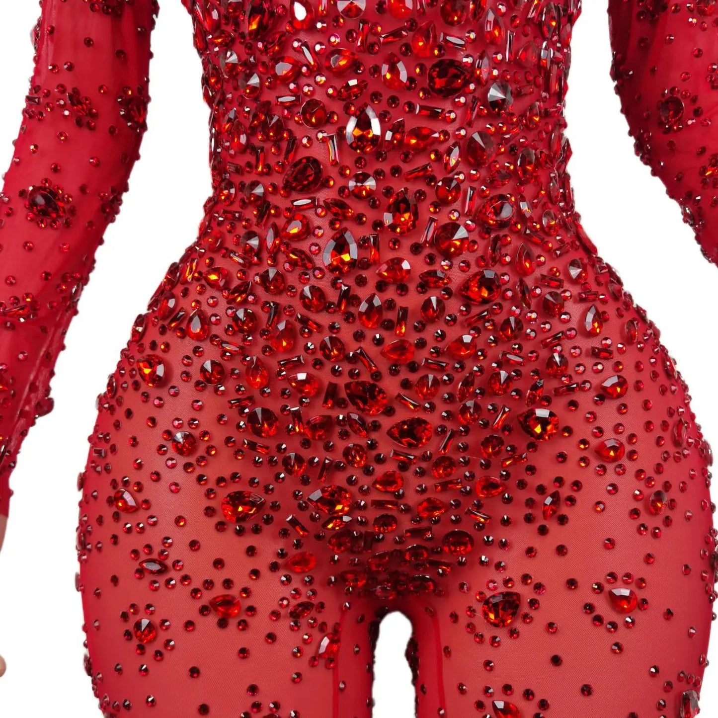 Sexy High-end Gorgeous Perspective Rhinestone Jumpsuit Long-sleeved Tights Nightclub Singer DJ Stage Performance Clothes Cuican