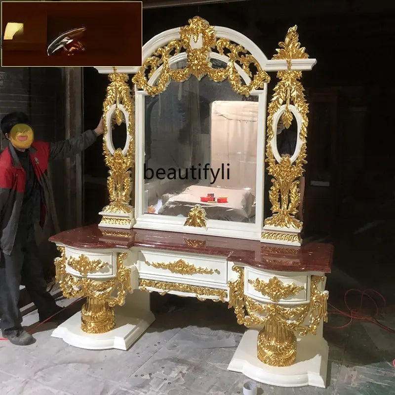 yj French Style Villa Luxury Dressing Table European High-End Luxury Large Apartment Solid Wood Gold Foil Dresser