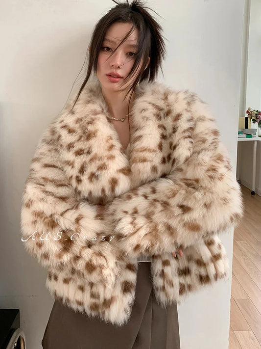 Natural Leopard Fox Fur Women Jacket Short Fashion Strip Sewed Toghter High Quality Sheepskin Real Coat Winter Clothing