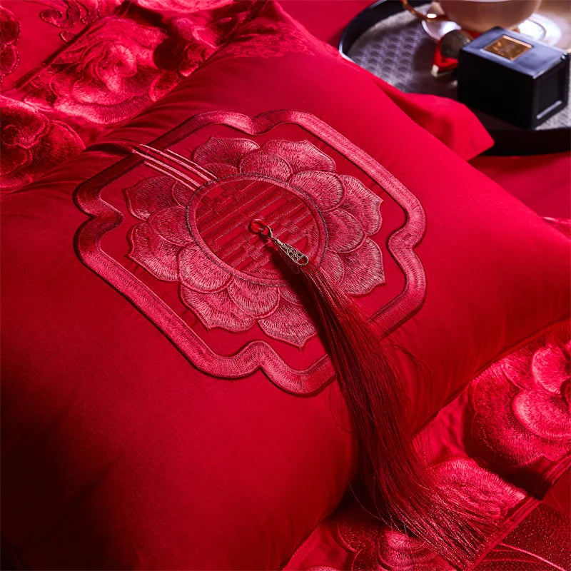Pink Luxury Chinese Style Wedding Bedding Set Satin Jacquard Egyptian Cotton Peony Embroidery Duvet Cover Bed Sheet Pillowcases
