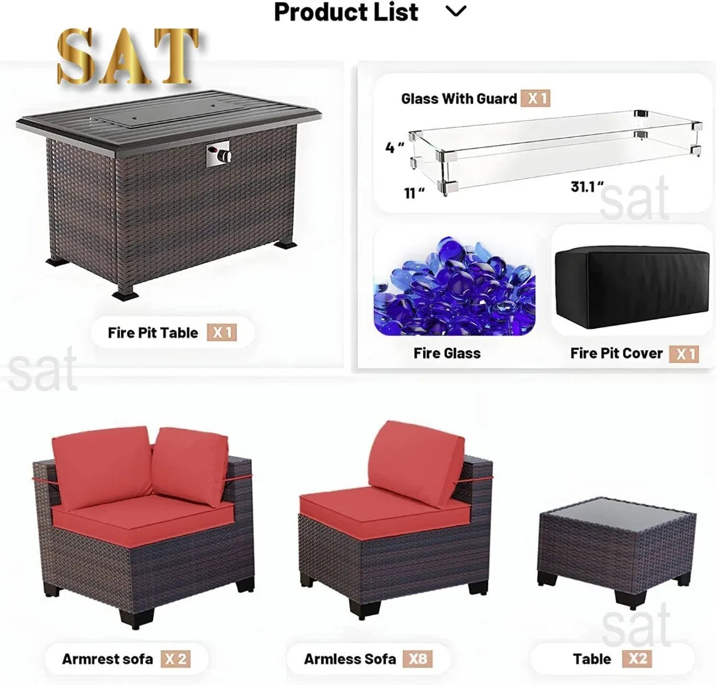 15Pieces Outdoor Patio Furniture Set with 43" Gas Propane Fire Pit Table PE Wicker Rattan Sectional Sofa Patio Conversation Sets