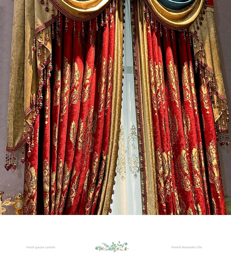 Red Gilded Jacquard Thickened Chenille Patched Curtains for Living Room Bedroom French Window Villa Customization Valance