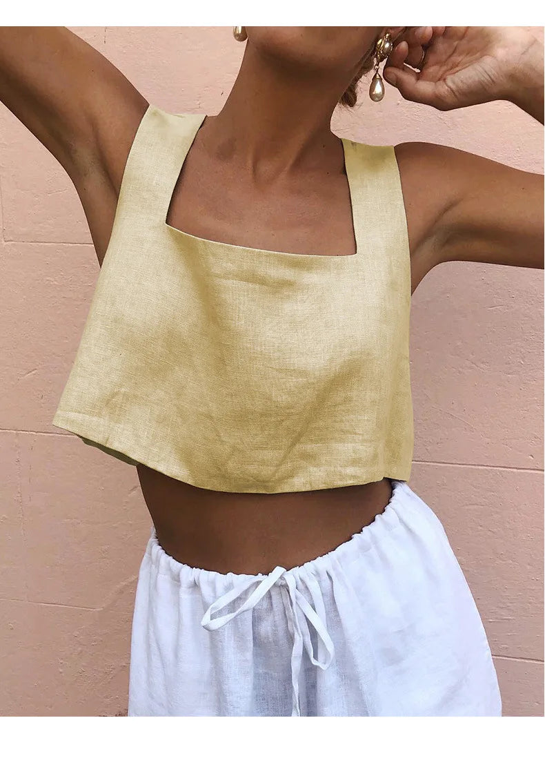 100% Linen White Crop Top 2024 Summer Vintage Square Collar Sleeveless Streetwear Green Top Fashion Clothing