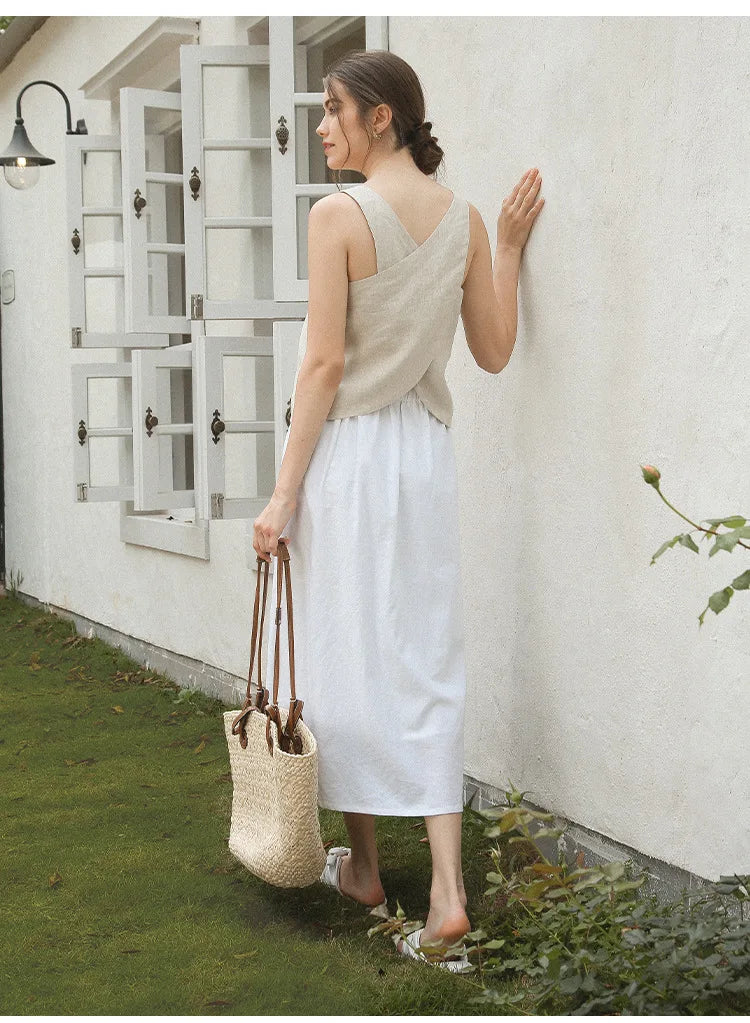 100% Linen Top Women Casual Solid Back Cross Patchwork Tank Top Summer Tops Haut Femme Women'S Clothing Offer Free Shipping