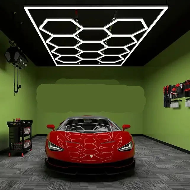2.41*3.5M with Outline Hexagon Led Garage Lamp Inspection Hexagon Panel Light for Ceiling Wall Detailing Studio Poshing Workshop