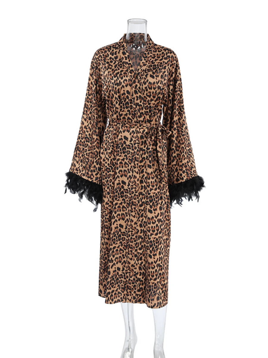 Mozuleva Women's Summer Deep V-neck Leopard Print Sexy Pajamas Retro Feather Patchwork Long Sleeved Tied Nightgown Female Robes