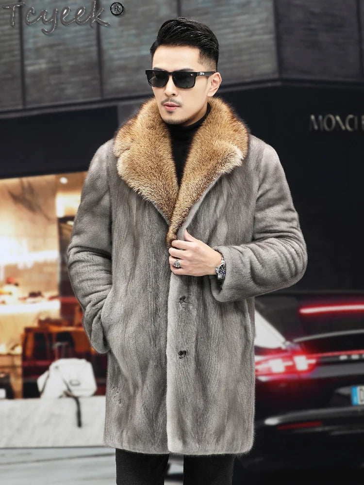 Tcyeek High-end Winter Whole Mink Fur Jackets Fashion Mid-length Mens Real Fur Coats Warm Natural Mink Fur Jacket Men Clothing