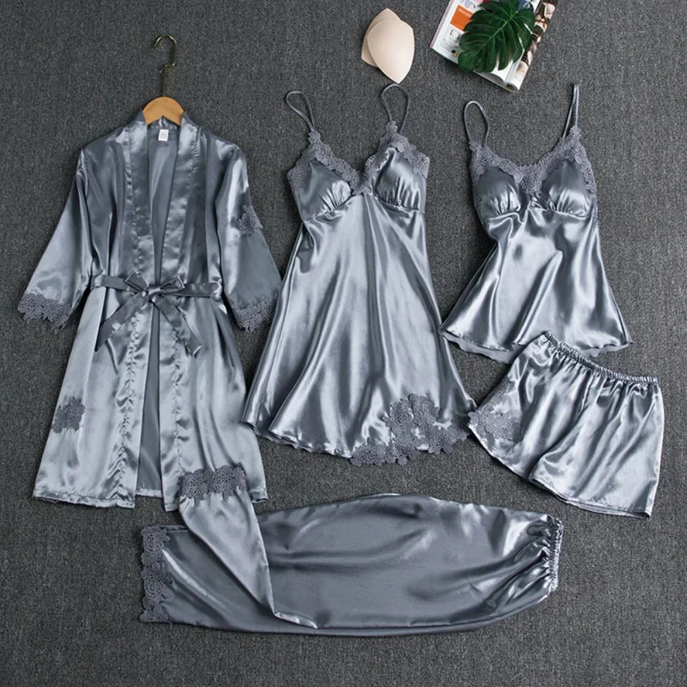 5Pcs Ice Silk Robe Sleep Pajama Set Women's Ventilate Lace Satin Pajamas Gown V-Neck Casual Wear Home Nightwear Spring Sleepwear