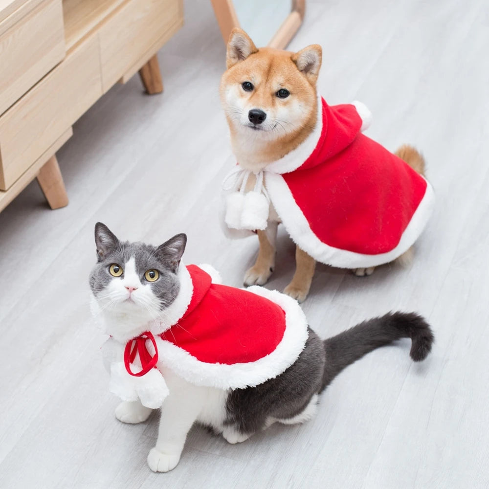 Winter Cat Costume Santa Cosplay Funny Transformed Cat Dog Pet Christmas Cape Dress Up Clothes Red Scarf Cloak Props Decoration