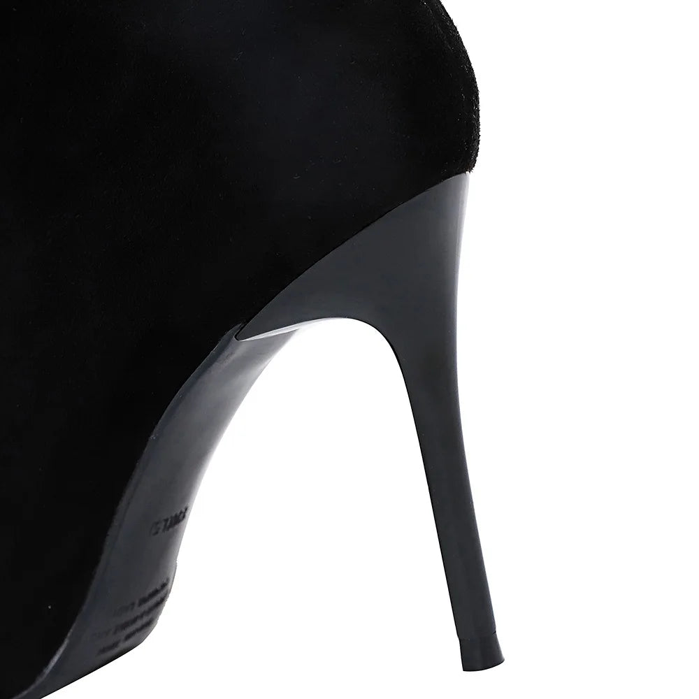 Women Ankle Length Flock Boots Winter Pointed Toe Thin Heels High Heel Shoes Ladies Side Zippper Ankle Boots 173-1