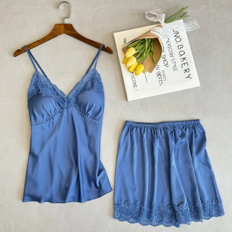 Wedding Bridesmaid Team Pajamas Set Lace Patchwork Home Clothes Ice Silk Pyjamas Suit Women Sleepwear Sexy Cami Top&pants