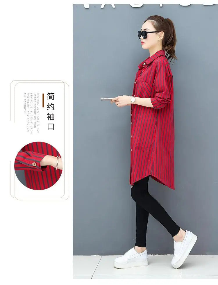 Casual Korean Midi Striped Print Shirt for Female Turn-down Collar Single-breasted Fashion Long Sleeve Blouse Women's Clothing