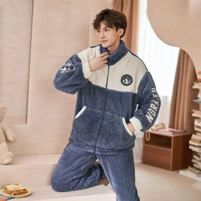 2024 New Flannel Pajamas Men Autumn Winter Zipper Sleepwear Warm Winter Plus Velvet Loungwear Padded Coral Velvet Homewear Suit