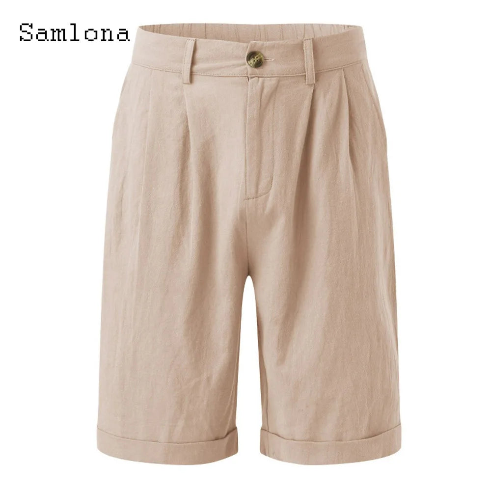 2024 America and Europe Style Casual Linen Beach Shorts Men's Stand Pocket Classic Basic Shorts Khaki White Soft Half Pants New
