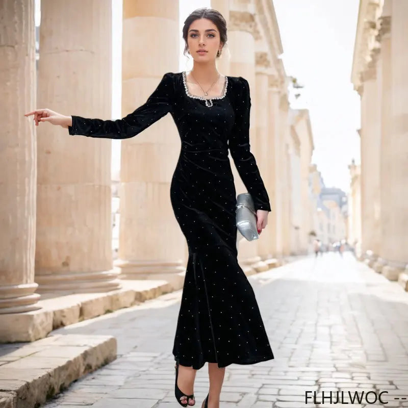 New Year Retro Vintage French Design Dresses Women Elegant Annual Meeting Hollow Out Black Bling Bead Party Long Fishtail Dress