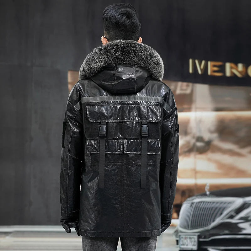 Mens Genuine Leather Jacket Men Top Layer Cowhide Hooded Coat Rabbit Fur Lining Trendy Parka Male Fox Collar Clothing