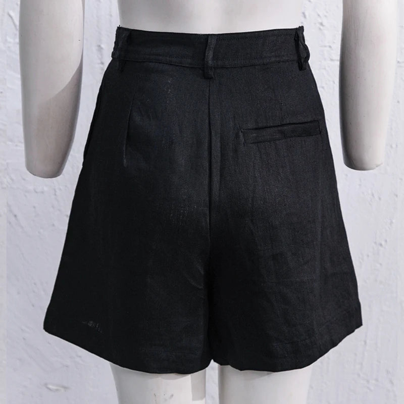 2024 Summer 100% Linen Women'S Shorts Casual High Waist Wide Leg Button Up Elegant Ol Short Pants Femme
