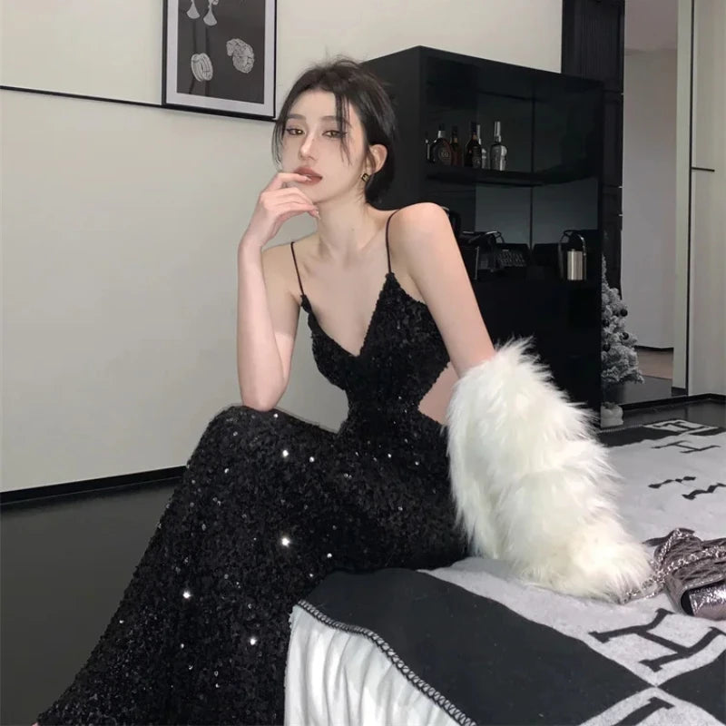 Sexy Glitter Long Black Dress Women V-neck New Year Evening Party Suspender Dress Cut-out Waist Sequin Backless Dresses Vestido