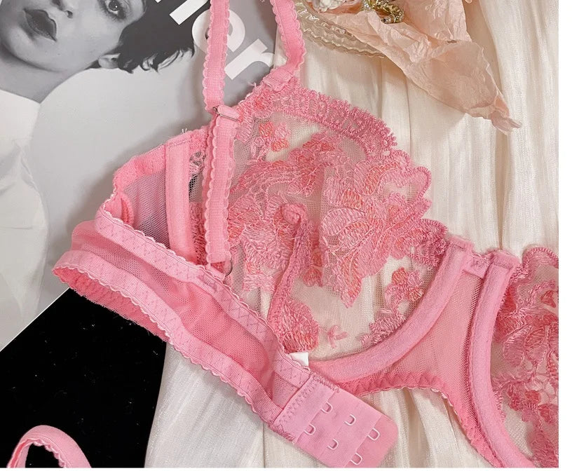 Pink girly lace embroidered bra with underpants summer sexy ultra-thin underwire lingerie underwear set