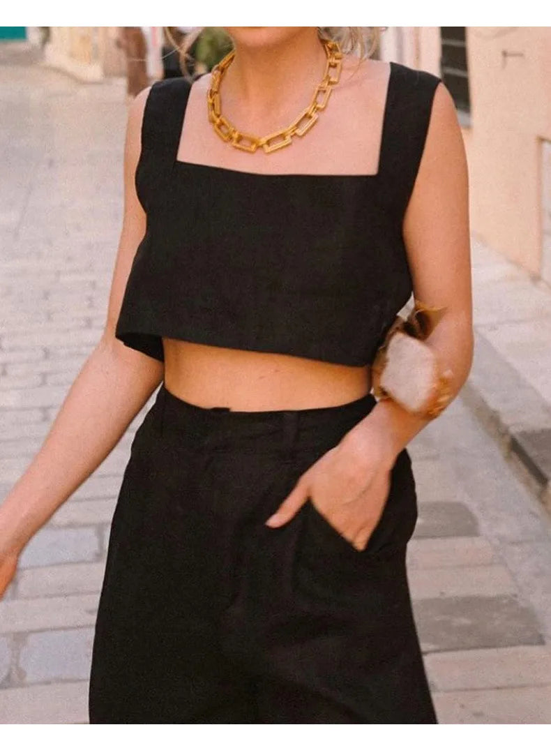 100% Linen White Crop Top 2024 Summer Vintage Square Collar Sleeveless Streetwear Green Top Fashion Clothing
