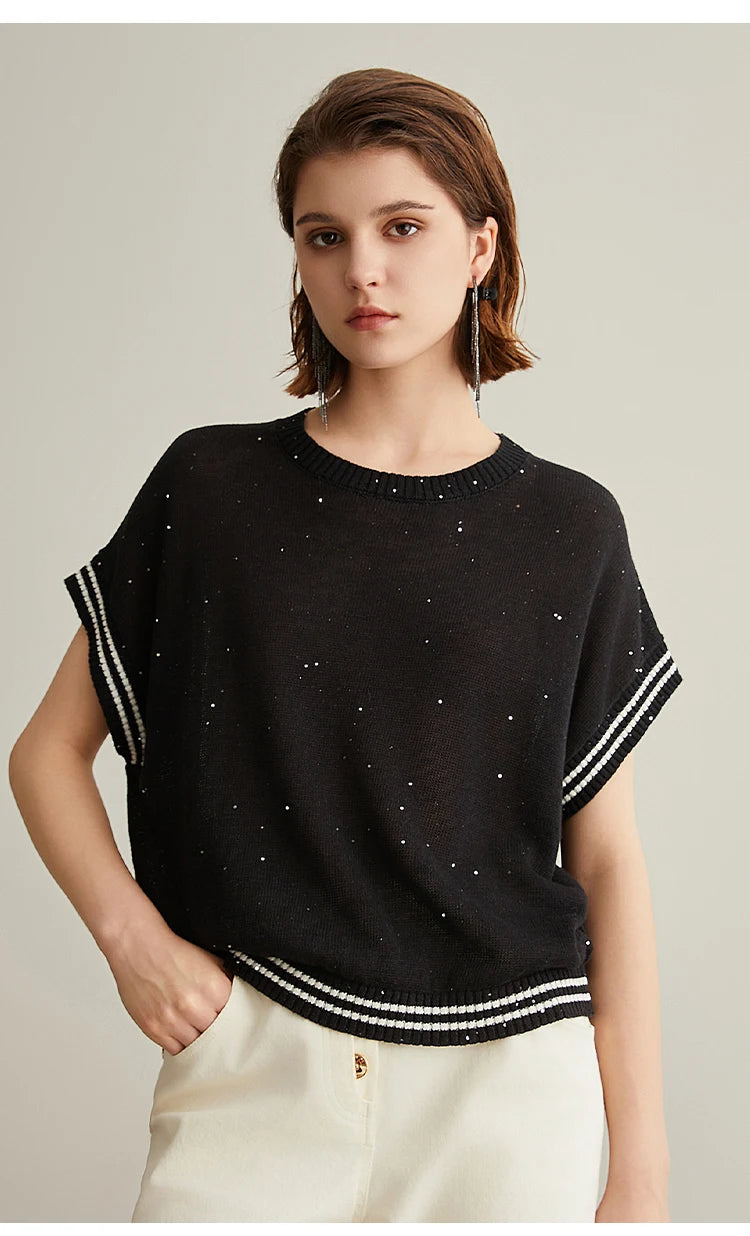 BC656 Western Style Luxury Brand Women's Clothing Summer Sequin Ladies Knitted Pullover 100% Linen Sweaters For Women