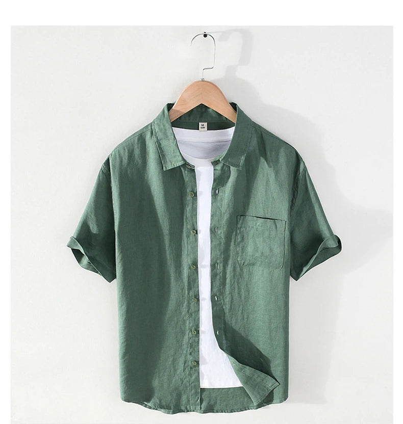 923 100% Linen Men's Summer Fashion Shirt High Quality Solid Color Simple Casual Short Sleeve Blouses Basic Thin Breathable Tops