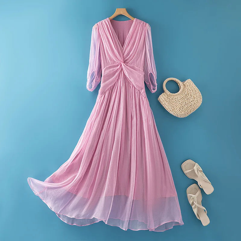 Tcyeek 100% Mulberry Silk Dress Women Clothes Fashion Summer Dresses 2024 Elegant and Pretty Women's Dresses Waist Vestido Mujer