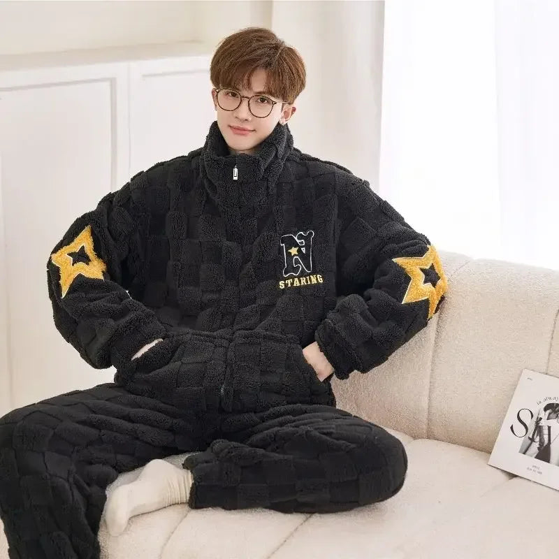 2024 New Flannel Pajamas Men Autumn Winter Zipper Sleepwear Warm Winter Plus Velvet Loungwear Padded Coral Velvet Homewear Suit