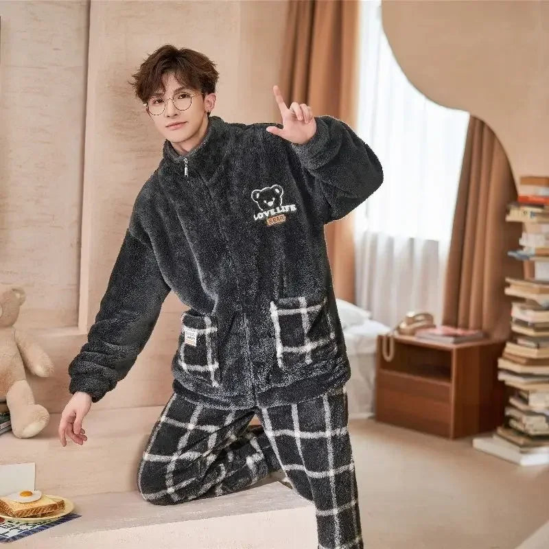 2024 New Flannel Pajamas Men Autumn Winter Zipper Sleepwear Warm Winter Plus Velvet Loungwear Padded Coral Velvet Homewear Suit