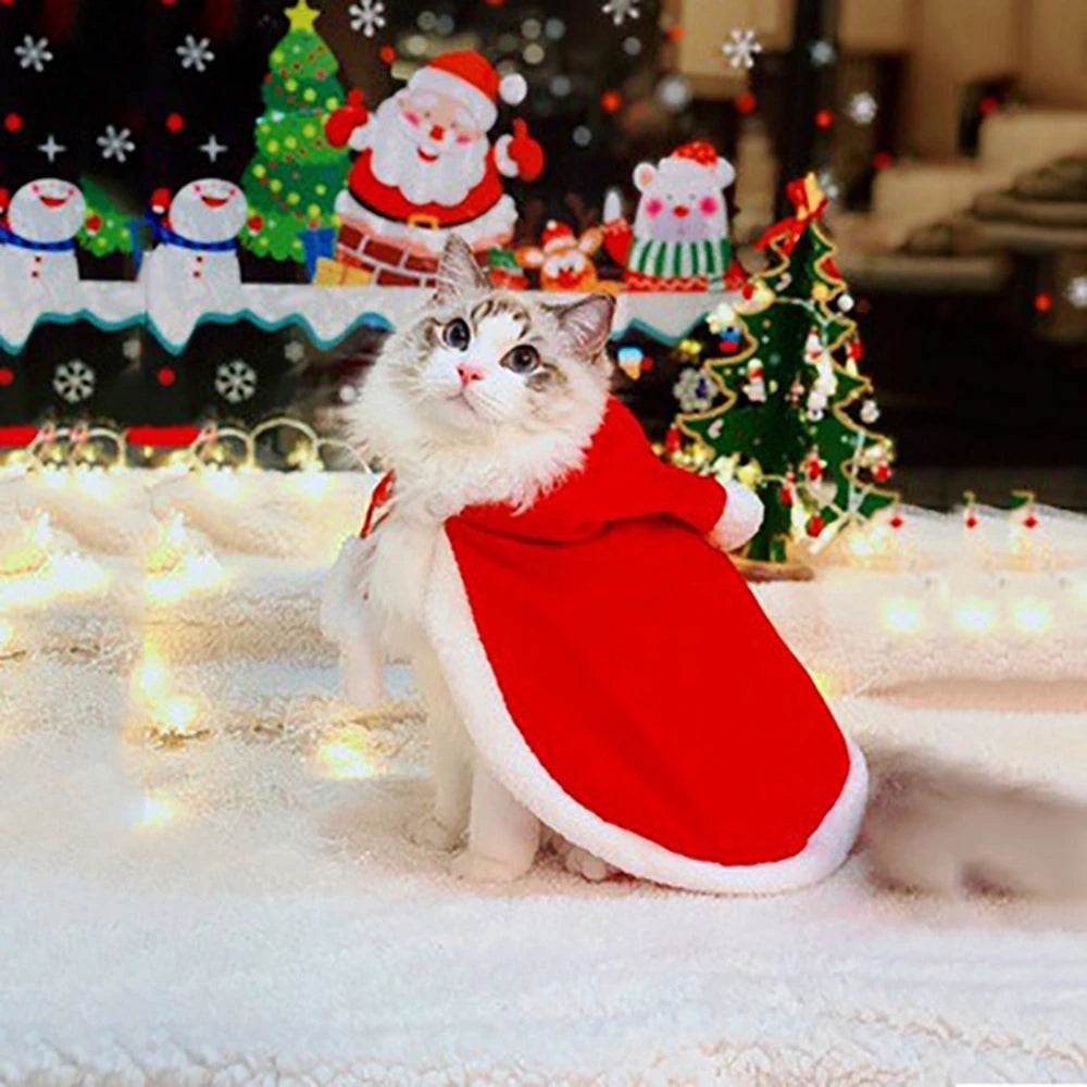 Winter Cat Costume Santa Cosplay Funny Transformed Cat Dog Pet Christmas Cape Dress Up Clothes Red Scarf Cloak Props Decoration