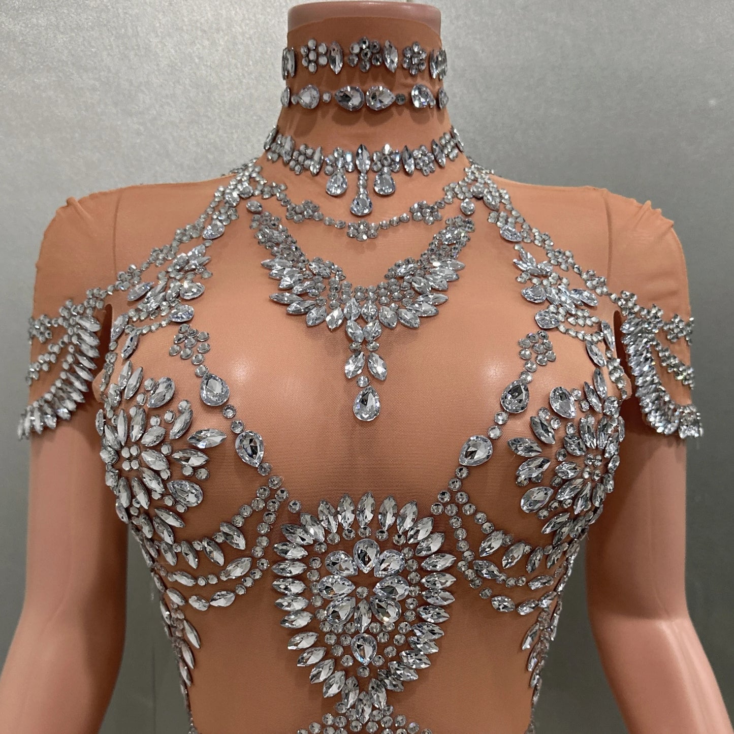 Luxury Rhinestones Sexy See-Through Sheath Bodysuit Evening Party Performance Costume Bar Nightclub Singer Dancer Stage Wear
