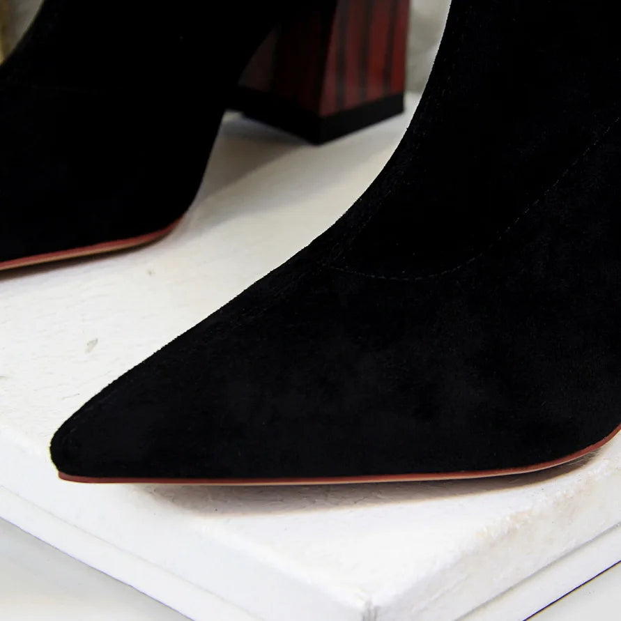 Woman Ankle Length Flock Boots Women Fashion Pointed Toe High Heel Shoes Winter Ankle Boots Ladies Shoes 1718-2