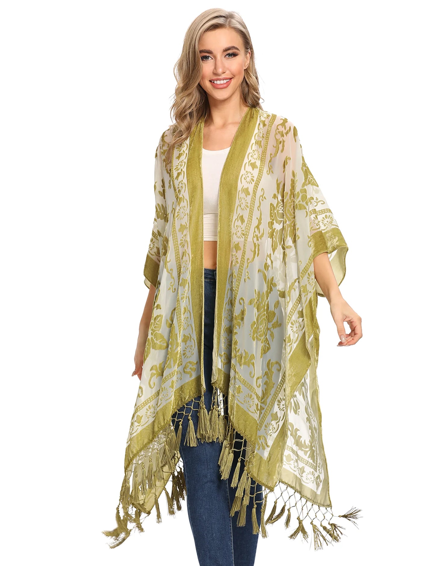 WeHello Burnout Velvet Kimono For Women Luxury Fashion Long Cardigan With Tassel Beach Cover-up Holiday Cardigan Shawl