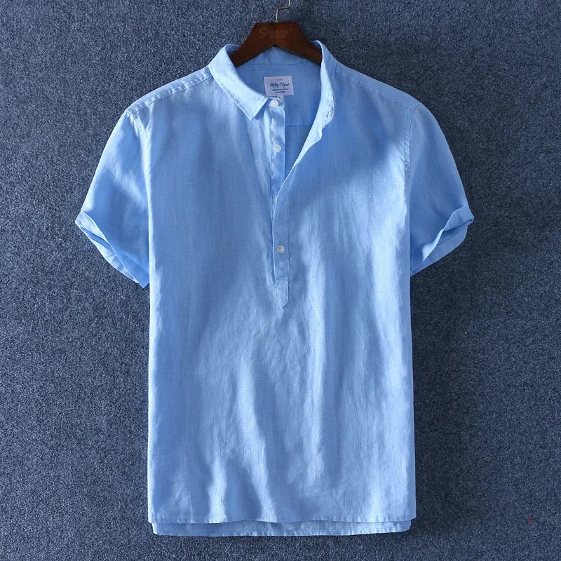 Schinteon 100% Linen Summer Casual Shirt Men Breathable Turn-down Collar Short Sleeved Pullover Shirt Comfortable New