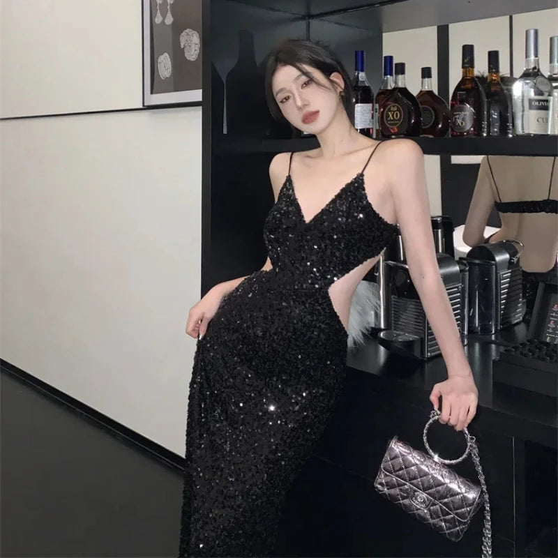 Sexy Glitter Long Black Dress Women V-neck New Year Evening Party Suspender Dress Cut-out Waist Sequin Backless Dresses Vestido